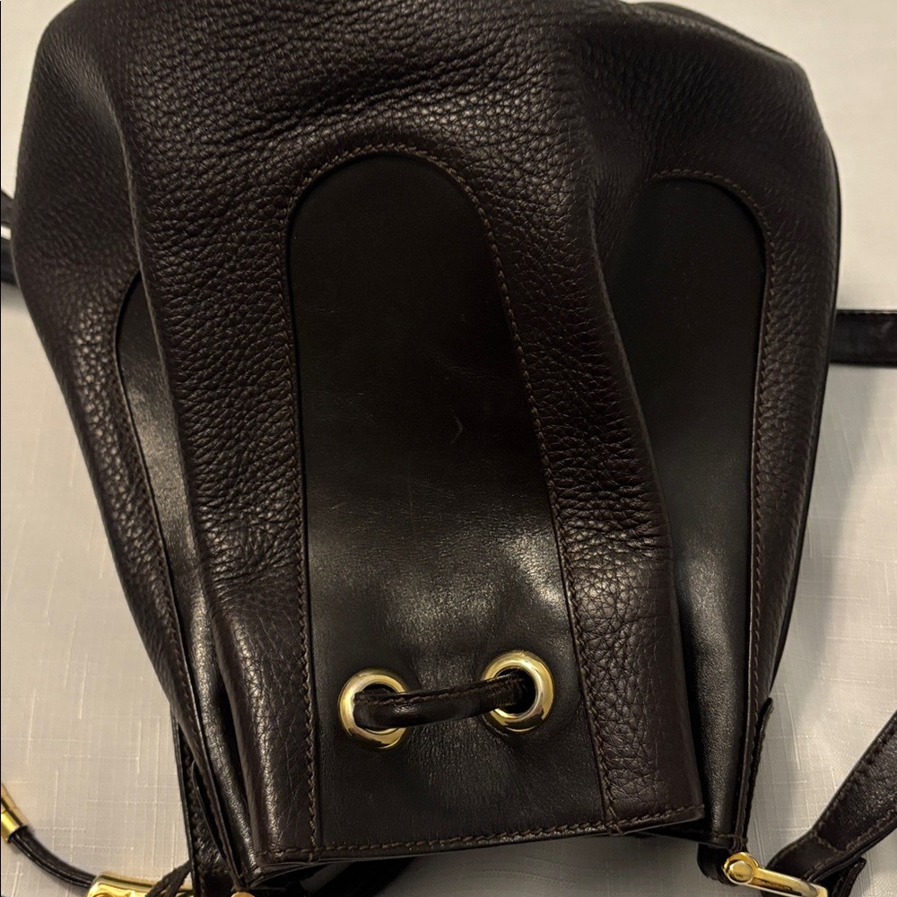 VTG HCL Dark brown 100% pebbled leather bucket crossbody bag gold accents Euro - Picture 9 of 14